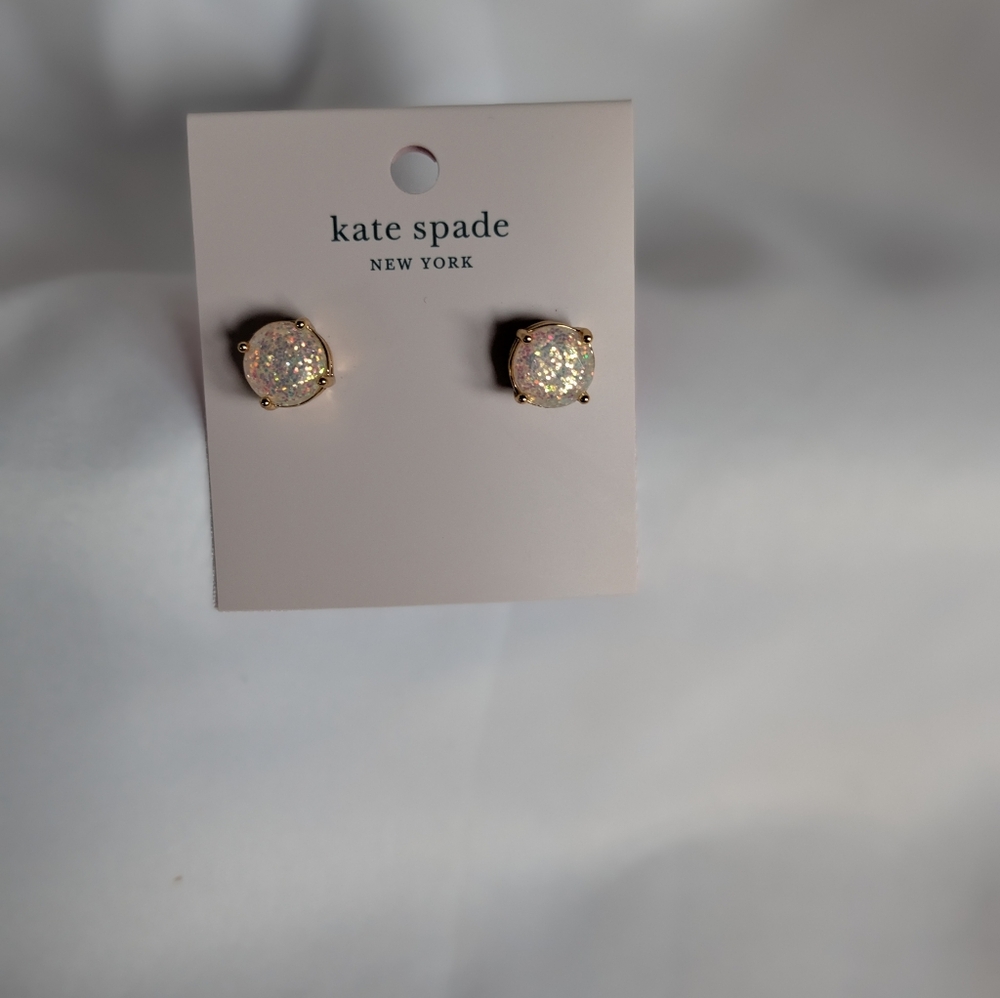 Kate Spade New York Opal Glitter Earrings Ivory, Flash Pink, 4 Prongs Gold NWT - Picture 2 of 12